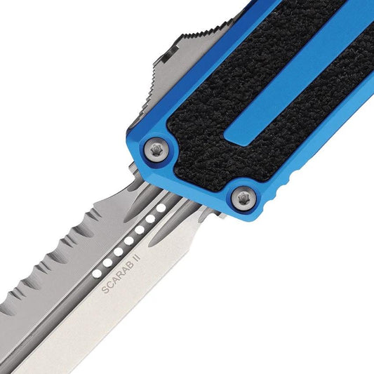 Microtech Auto Scarab II OTF Knife 1280-2BL With Premium M390 Blade Blue Aluminum Handle And Glass Breaker For EDC by Microtech