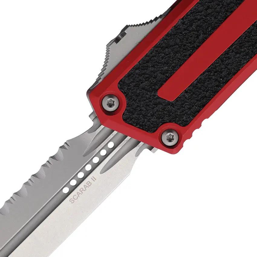 Microtech Auto Scarab II OTF Premium Automatic Knife For EDC Enthusiasts With Serrated Dagger Blade Red Aluminum Handle by Microtech