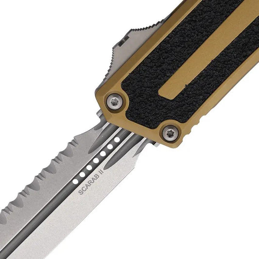 Microtech Auto Scarab II OTF Knife 3.9in Serrated Dagger Blade Glass Breaker Tan Aluminum Handle EDC Tactical by Microtech