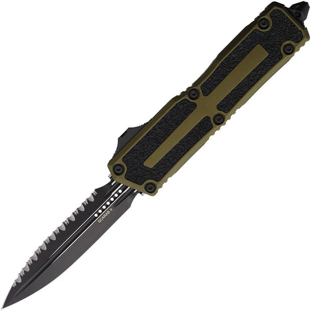 Microtech Scarab II OTF Knife Auto 1280-3OD Tactical EDC, 3.9In Serrated Dagger Blade, OD Green Handle, Glass Breaker