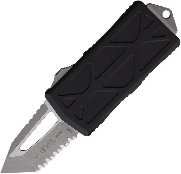 Microtech Automatic Exocet OTF Knife 3.63 Inch Closed Serrated Tanto Premium Black Aluminum Handle For EDC Enthusiasts by Microtech
