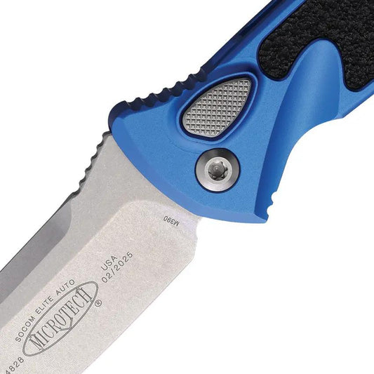 Microtech Auto Socom Elite Buttonlock Knife 4In Stonewashed Blade Blue Aluminum Handle For Tactical EDC by Microtech