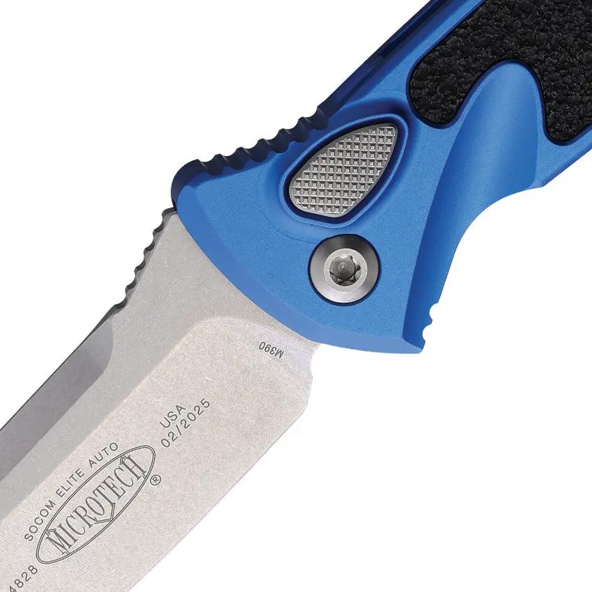 Microtech Auto Socom Elite Buttonlock Knife 4In Stonewashed Blade Blue Aluminum Handle For Tactical EDC by Microtech
