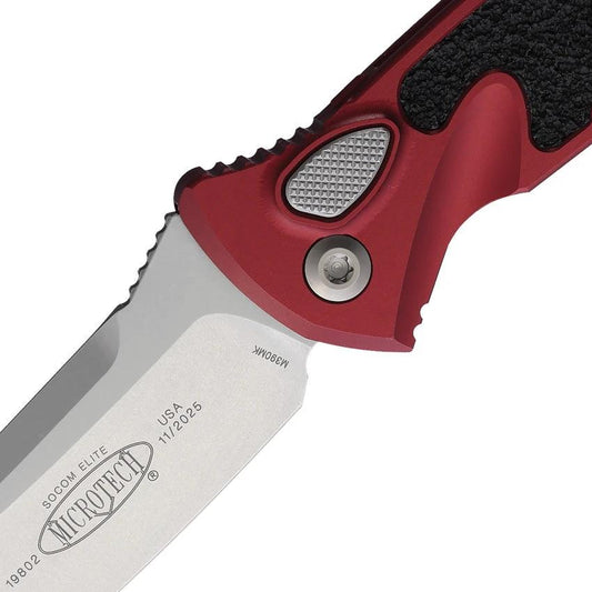 Microtech Auto Socom Elite Buttonlock Knife With Merlot Aluminum Handle For Tactical Use 4in Stonewash Blade by Microtech