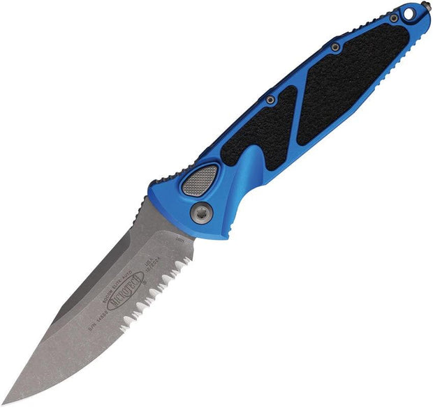 Microtech Socom Elite Auto Buttonlock Knife With 4 Inch Blade Apocalyptic Finish Blue Aluminum Handle EDC