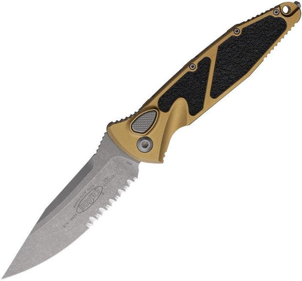 Microtech Socom Elite Buttonlock Knife Automatic Opening 4In Partially Serrated Blade Tan Aluminum For EDC Fans