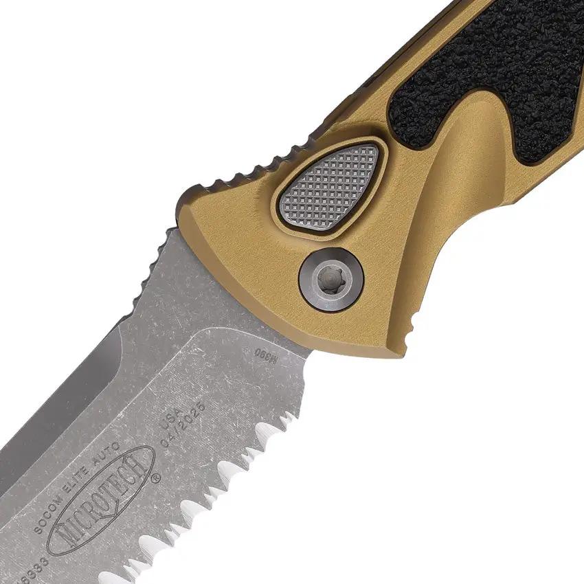 Microtech Socom Elite Buttonlock Knife Automatic Opening 4In Partially Serrated Blade Tan Aluminum For EDC Fans by Microtech