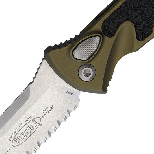 Microtech Auto Socom Elite Premium Buttonlock Tactical Knife With OD Green Aluminum Handle by Microtech