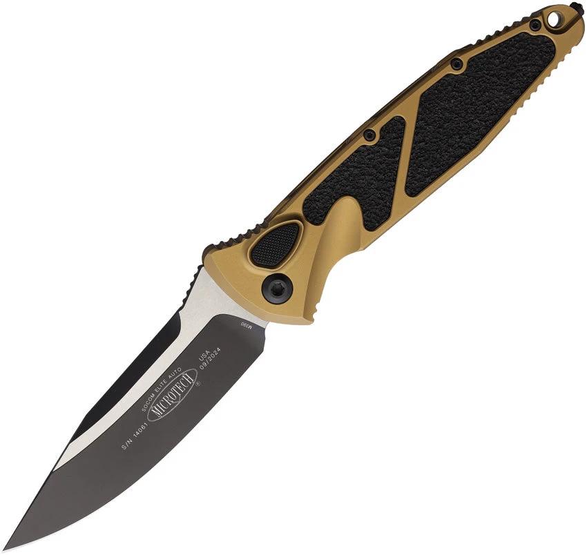 Microtech Auto Socom Elite Buttonlock 160A Tactical Knife With Two Tone Finish Tan Aluminum Handle For EDC Enthusiasts by Microtech