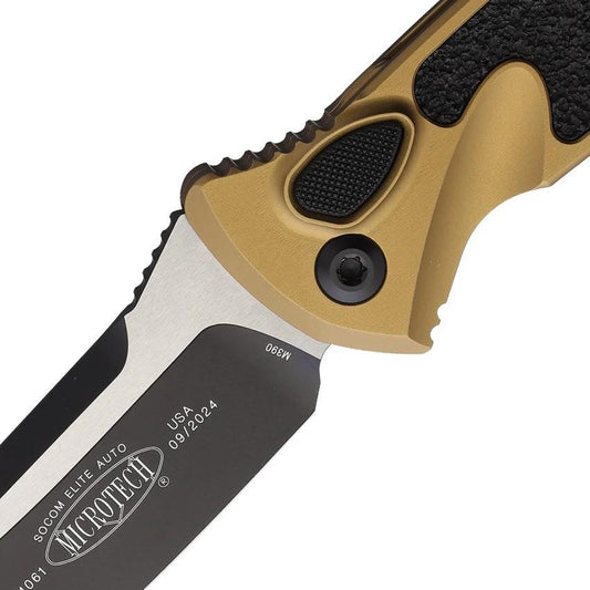 Microtech Auto Socom Elite Buttonlock 160A Tactical Knife With Two Tone Finish Tan Aluminum Handle For EDC Enthusiasts by Microtech