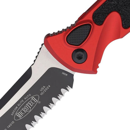 Microtech Auto Socom Elite Buttonlock Knife Automatic Opening For EDC 4-Inch Two-Tone Serrated Blade Red Handle by Microtech