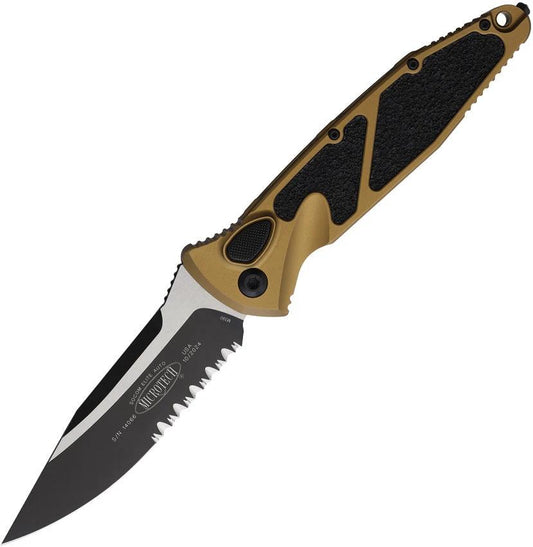 Microtech Auto Socom Elite Buttonlock Knife Automatic Opening 4 Inch Partially Serrated Blade Tan Handle For EDC Fans