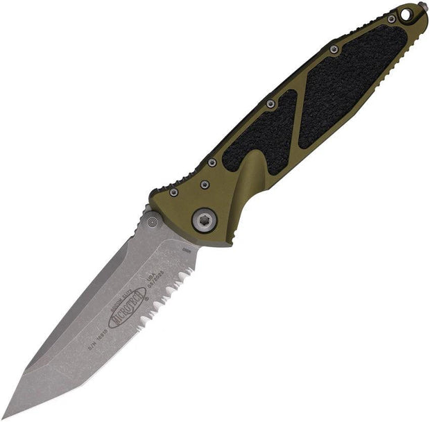 Microtech Socom Elite TE Linerlock OD Green Knife with Apocalyptic Finish Partially Serrated Tanto EDC Ready