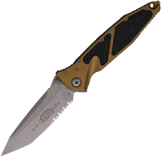 Microtech Socom Elite Auto Liner Lock Tan Knife with Apocalyptic Finish Blade and Glass Breaker EDC