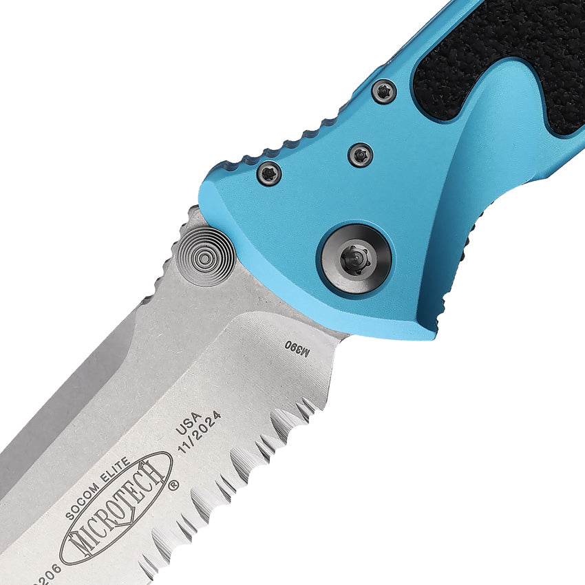 Microtech Socom Elite TE Linerlock Tactical Knife For EDC Enthusiasts With Turquoise Aluminum Handle by Microtech