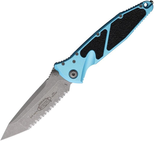 Microtech Socom Elite TE Linerlock Tactical Knife Turquoise Aluminum Handle With Apocalyptic Serrated Tanto Blade