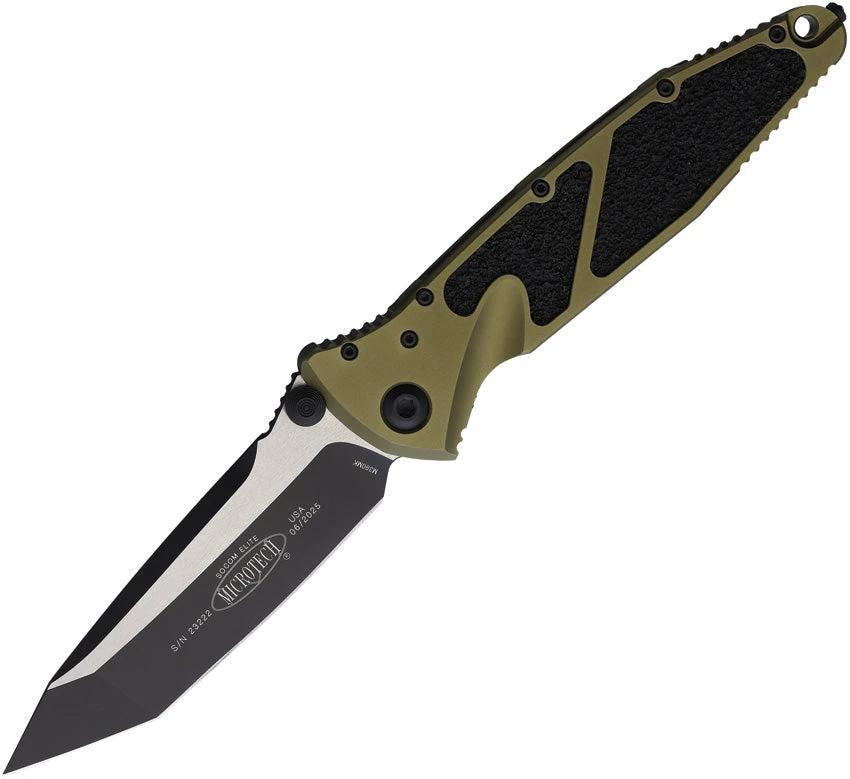 Microtech Socom Elite Linerlock OD Green Aluminum Handle EDC Tactical Knife With Two Tone Tanto Blade And Glass Breaker by Microtech