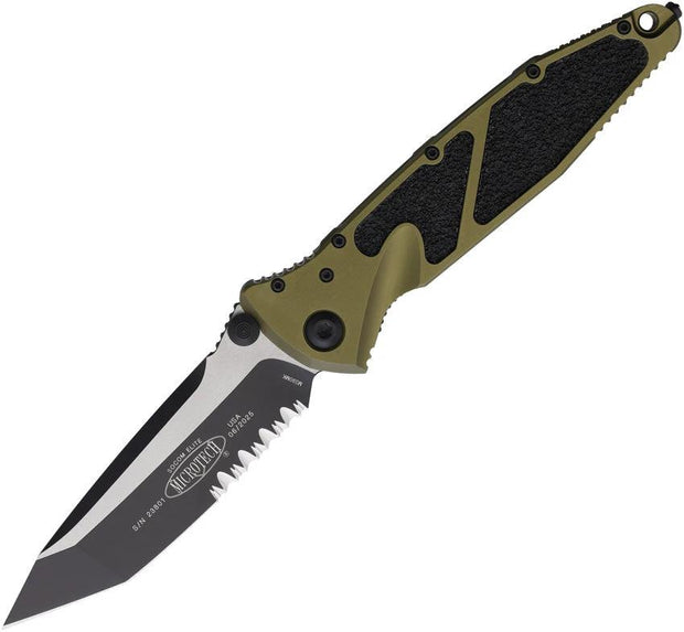 Microtech Socom Elite S E Linerlock OD Tactical Folding Knife For Knife Fans With Partially Serrated Two Tone Blade by Microtech