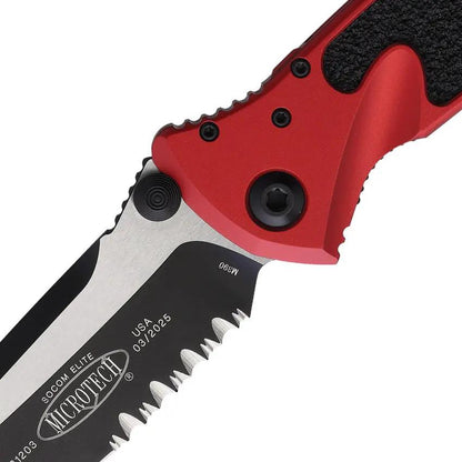 Microtech Socom Elite Linerlock Knife Red Aluminum Handle Partially Serrated Two Tone Blade For Tactical EDC by Microtech