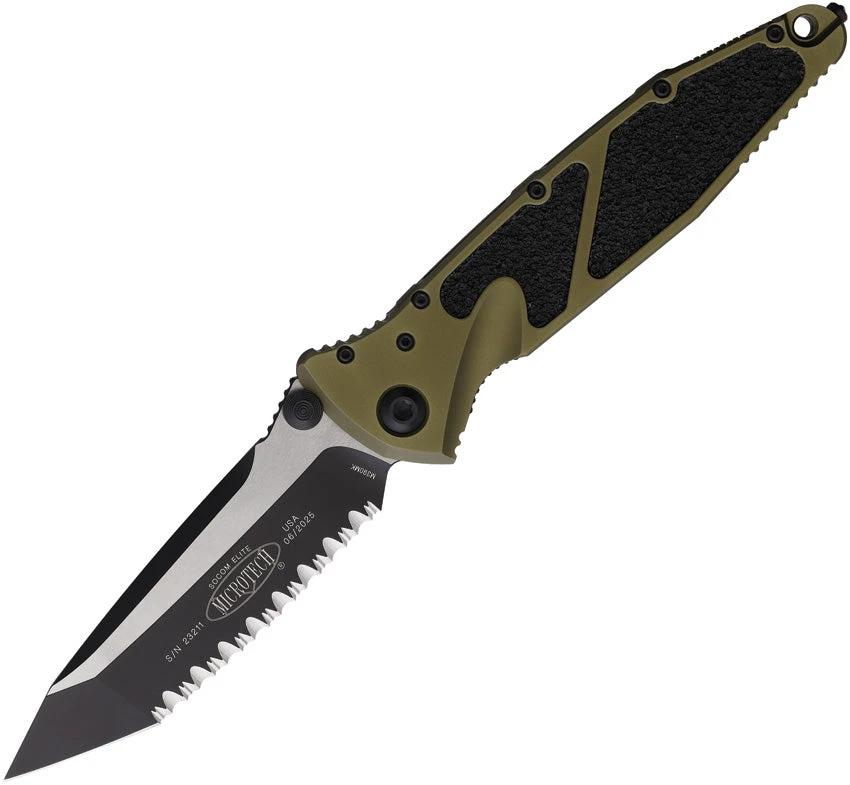 Microtech Socom Elite TE Linerlock OD Tactical Folding Knife With Serrated Tanto Blade And Glass Breaker