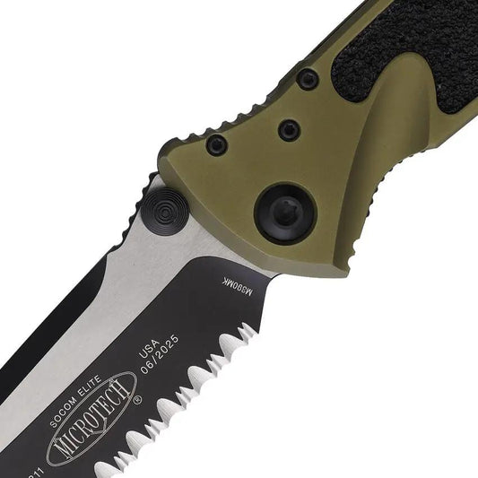 Microtech Socom Elite TE Linerlock OD Tactical Folding Knife With Serrated Tanto Blade And Glass Breaker by Microtech