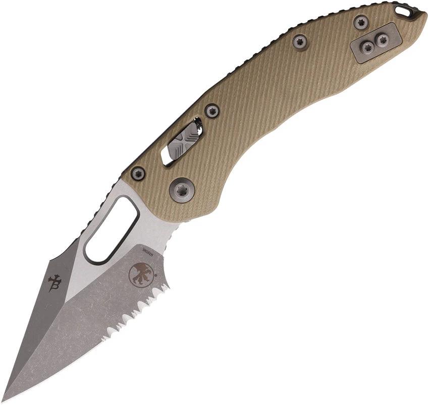 Microtech Stitch S E Ram Lok Apocalyptic Finish Tan 5in Closed EDC Folding Knife With Partially Serrated M390 Blade by Microtech
