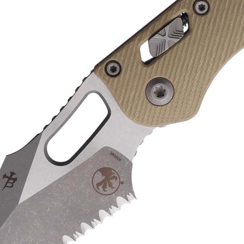 Microtech Stitch S E Ram Lok Apocalyptic Finish Tan 5in Closed EDC Folding Knife With Partially Serrated M390 Blade by Microtech