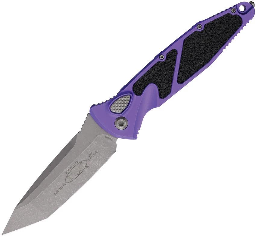 Microtech Auto Socom Elite Buttonlock Folding Knife For Tactical EDC Fans With Purple Aluminum Handle And 4 Inch Tanto