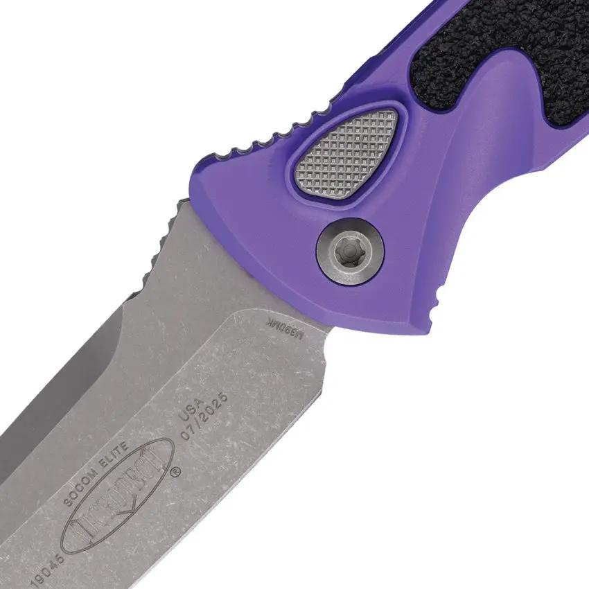 Microtech Auto Socom Elite Buttonlock Folding Knife For Tactical EDC Fans With Purple Aluminum Handle And 4 Inch Tanto by Microtech