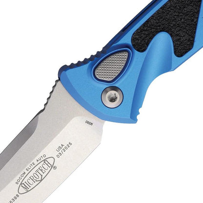 Microtech Auto Socom Elite Buttonlock Tactical Knife with M390 Blade, Blue Aluminum Handle by Microtech