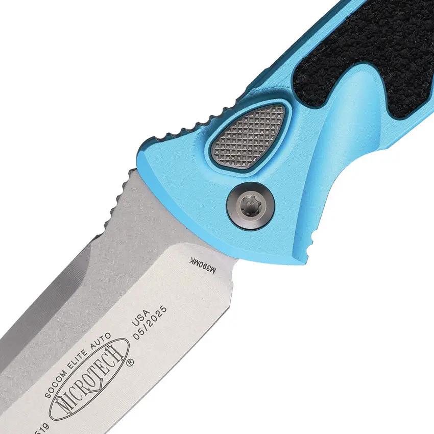 Microtech Socom Elite Buttonlock Automatic Knife With 4 Inch Bohler M390MK Tanto Turquoise Aluminum For EDC Enthusiasts by Microtech