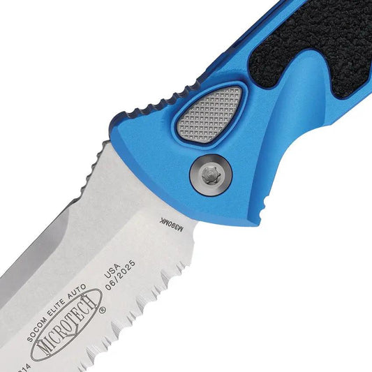 Microtech Auto Socom Elite Buttonlock Knife Automatic Opening M390 Tanto Blade 5.13in Closed Blue Aluminum Handle EDC by Microtech