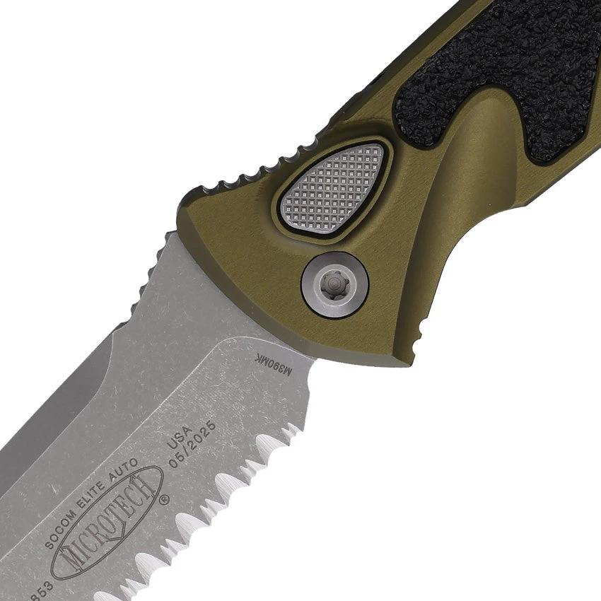 Microtech Auto Socom Elite Buttonlock Knife Automatic Opening 4 Inch Bohler M390MK Serrated Blade For Tactical Pros by Microtech