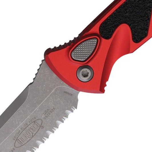 Microtech Auto Socom Elite Buttonlock Knife With 4in Serrated M390 Tanto, Apocalyptic Finish, Red Aluminum For EDC Fans by Microtech