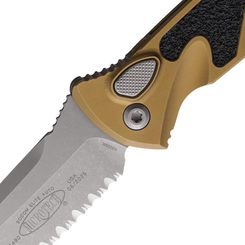 Microtech Auto Socom Elite Buttonlock Tactical Automatic Opening Pocket Knife 4in Serrated Blade Tan Aluminum Handle by Microtech