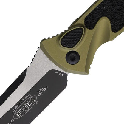 Microtech Auto Socom Elite Buttonlock EDC Knife 161A-1OD With Two Tone Blade And OD Green Aluminum Handle by Microtech