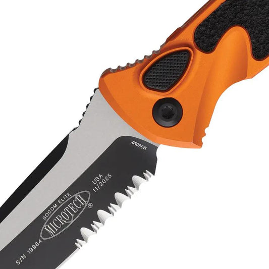 Microtech Auto Socom Elite Buttonlock Tactical Knife For EDC Enthusiasts Orange Handle Glass Breaker by Microtech