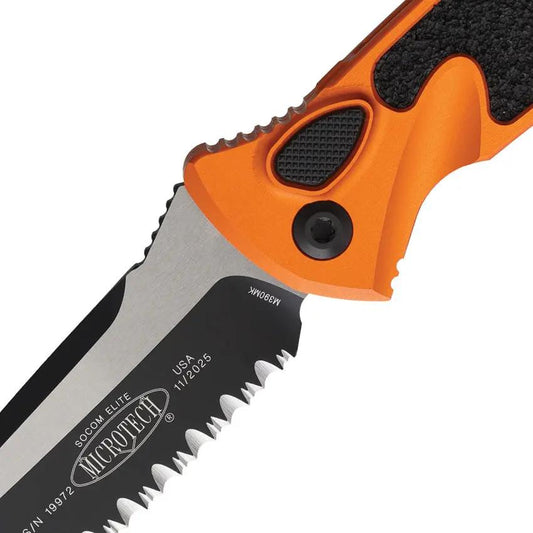 Microtech Auto Socom Elite Buttonlock Tactical EDC Knife With Orange Aluminum Handle And Glass Breaker by Microtech