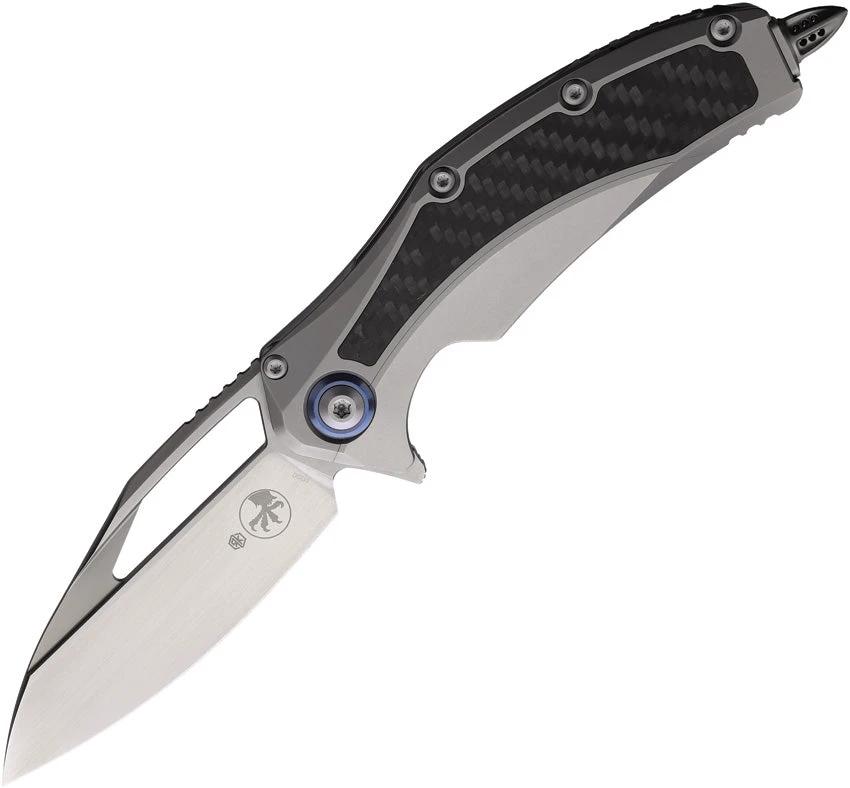 Microtech Matrix Framelock Knife CF 165C4CFITI Premium Satin 4In Blade Gray Titanium Handle CF Inlay Extended Tang EDC by Microtech