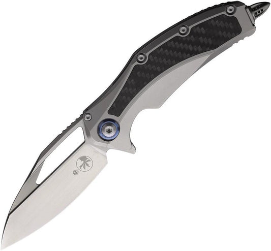 Microtech Matrix Framelock Knife CF 165C4CFITI Premium Satin 4In Blade Gray Titanium Handle CF Inlay Extended Tang EDC by Microtech