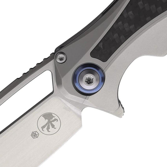 Microtech Matrix Framelock Knife CF 165C4CFITI Premium Satin 4In Blade Gray Titanium Handle CF Inlay Extended Tang EDC by Microtech