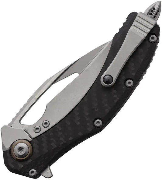 Microtech Matrix Framelock Knife With Titanium Gray Handle Carbon Fiber Inlay For EDC Enthusiasts 4 Inch Serrated Blade by Microtech