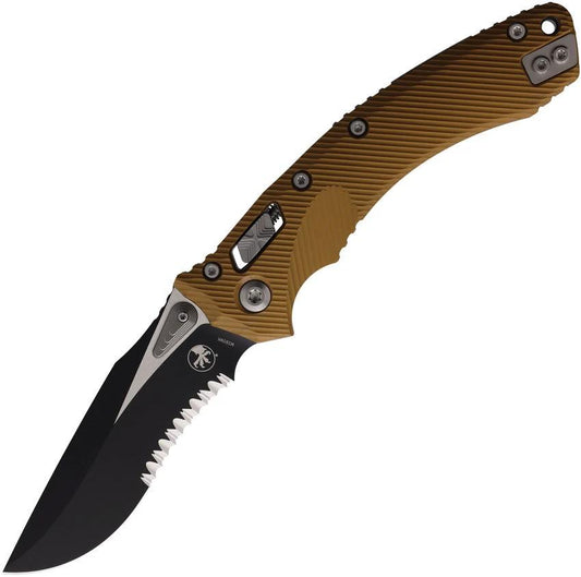 Microtech Amphibian Ram Lok Knife With Partially Serrated M390MK Blade Premium Tan Aluminum Handle For Everyday Carry