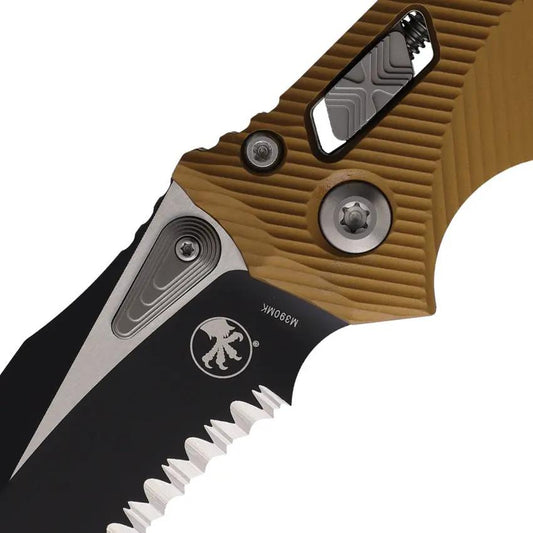 Microtech Amphibian Ram Lok Knife With Partially Serrated M390MK Blade Premium Tan Aluminum Handle For Everyday Carry by Microtech