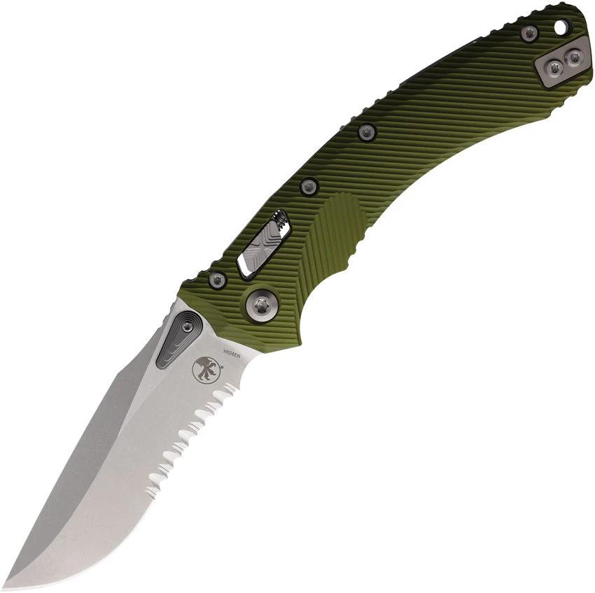 Microtech Amphibian S E Ram Lok OD Green G10 EDC Knife With 4In M390MK Blade Partial Serration Ball Bearing Thumb Stud