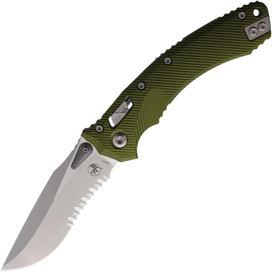 Microtech Amphibian S E Ram Lok OD Green G10 EDC Knife With 4In M390MK Blade Partial Serration Ball Bearing Thumb Stud