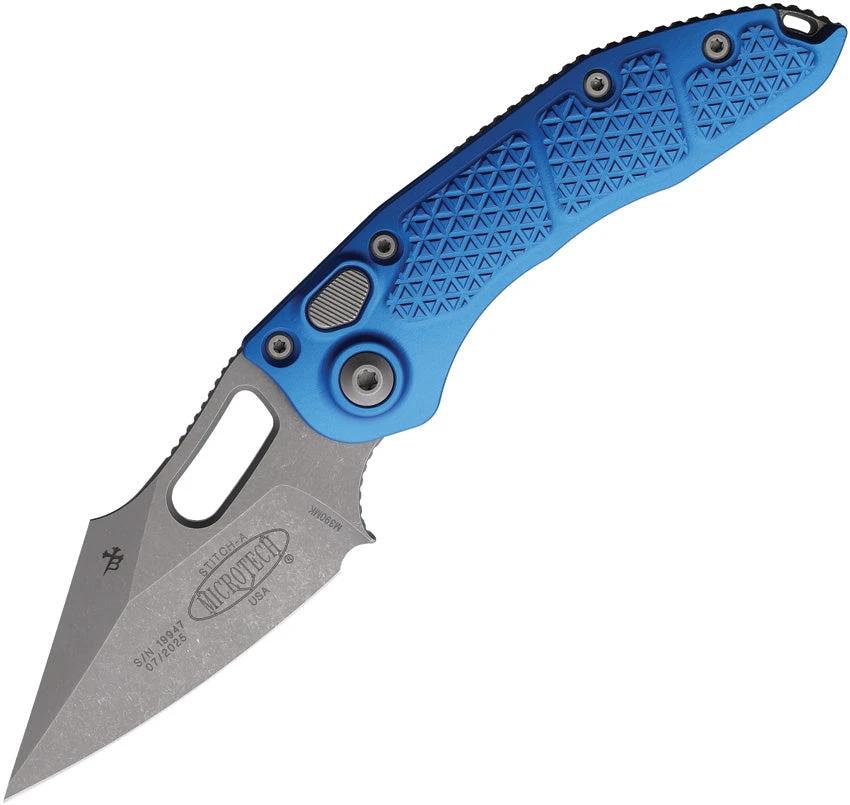 Microtech Auto Stitch SE Button Lock Knife Automatic Opening 5in Closed 3.75in Wharncliffe Blade Blue Handle For EDC by Microtech