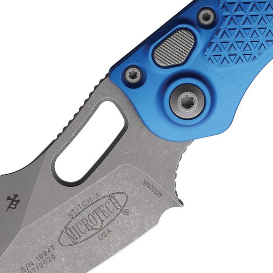 Microtech Auto Stitch SE Button Lock Knife Automatic Opening 5in Closed 3.75in Wharncliffe Blade Blue Handle For EDC by Microtech