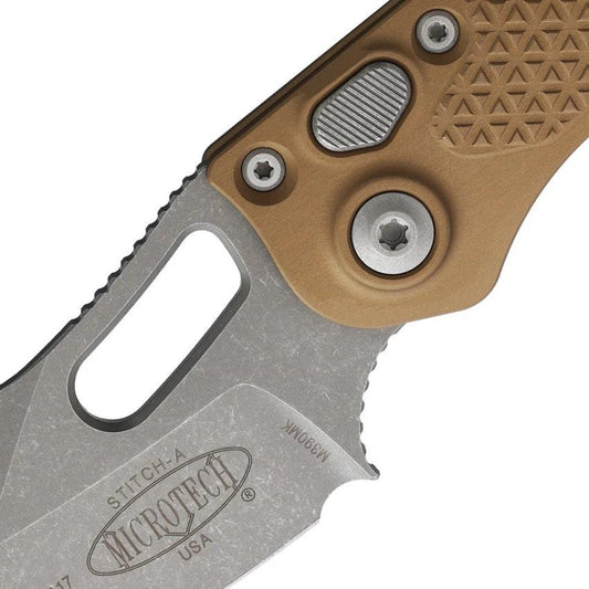 Microtech Auto Stitch S E Button Lock Knife AP16910APBN Auto Opening Finish Premium Steel Wharncliffe Brown Aluminum Handle EDC by Microtech