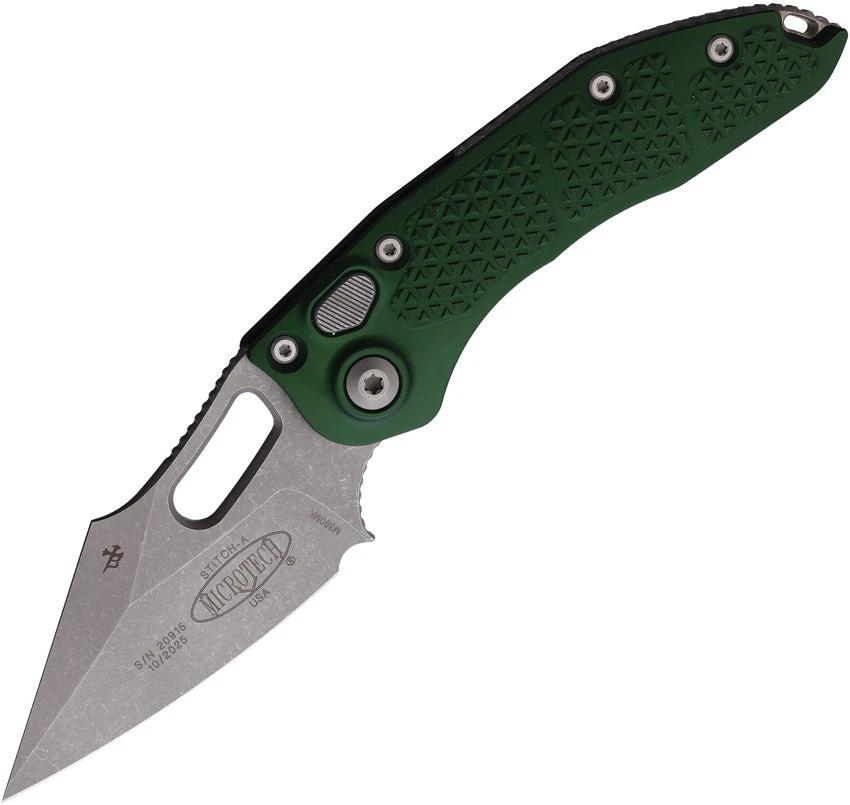 Microtech Auto Stitch SE Button Lock Automatic Opening Knife With Emerald Green Aluminum Handle For EDC Enthusiasts by Microtech